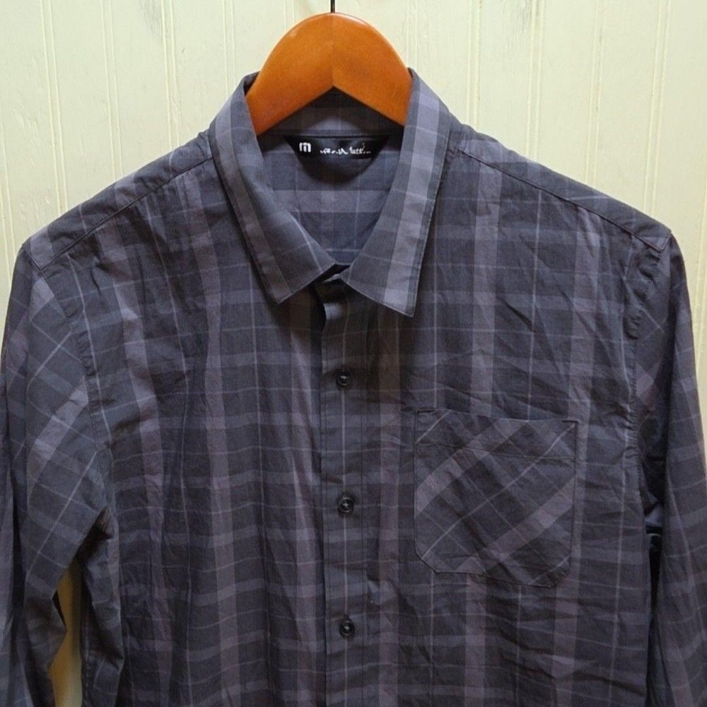 Travis Mathew Shirt Mens Medium Gray Plaid Long Sleeve Button-Up Casual Pocket